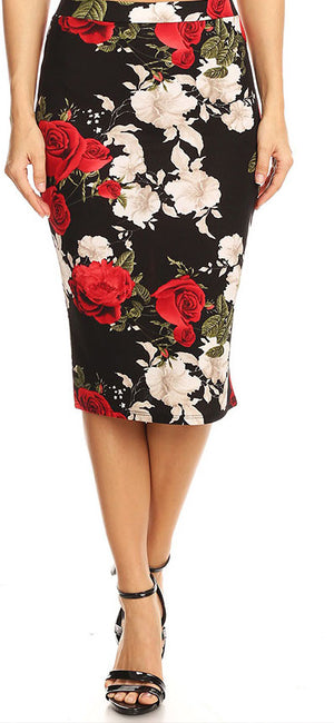 black and red rose pencil skirt 