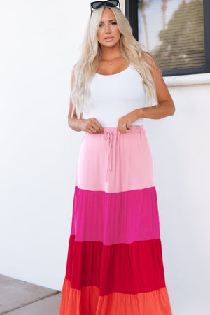 Modest Tiered Maxi Boho Skirt Pink Multicolor