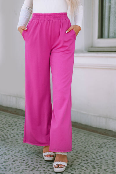 Modest Hot Pink Elastic Waist Pants with Pockets