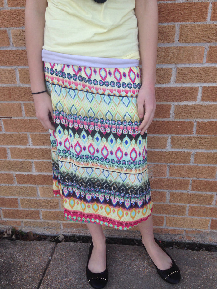 Yellow print knee length or maxi skirt