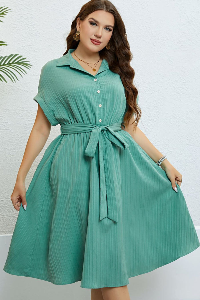 Plus Size turquois Buttoned Tie-Waist Shirt Dress