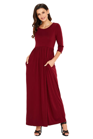 Burgundy Pocket Design 3/4 Sleeves Maxi Dress