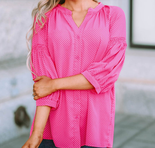 Modest Pink and White Polka Dot Three-Quarter Puff Sleeve Blouse