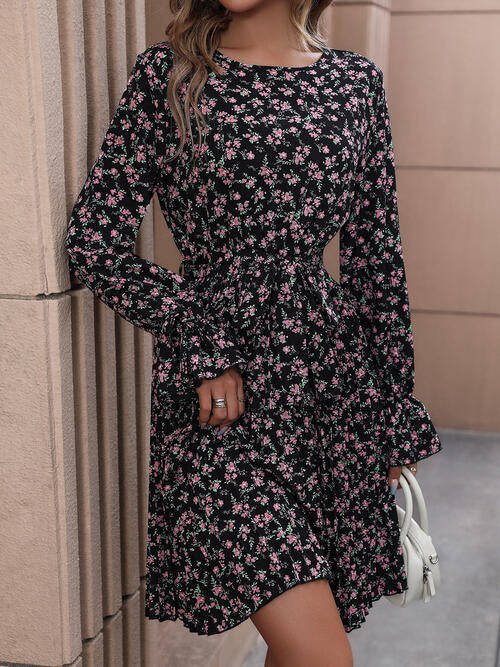 Floral Tie Front Long Sleeve Modest Dress
