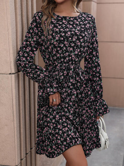 Floral Tie Front Long Sleeve Modest Dress