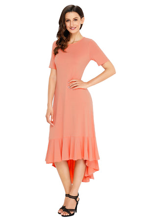 Coral Flowy Ruffles Short Sleeve Casual Dress-SMALL ONLY