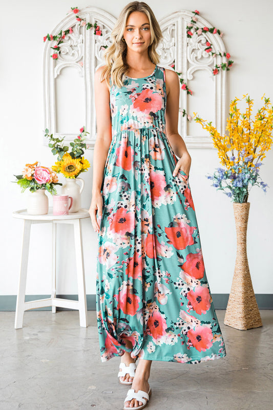 Teal and Pink Floral Sleeveless Maxi Dress with Pockets