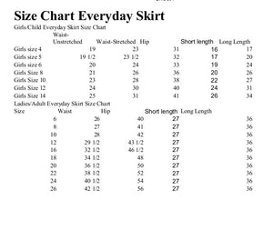 size chart for everyday skirt