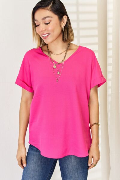 Zenana V-Neck Rolled Short Sleeve T-Shirt Hot Pink