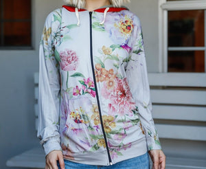 Grey Pink Flower Print Contrast Double Hood Sweater- Small