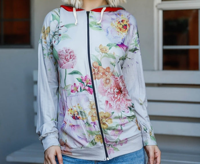 Grey Pink Flower Print Contrast Double Hood Sweater- Small