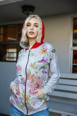 Grey Pink Flower Print Contrast Double Hood Sweater- Small