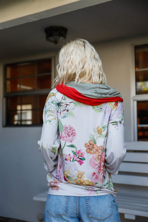 Grey Pink Flower Print Contrast Double Hood Sweater- Small
