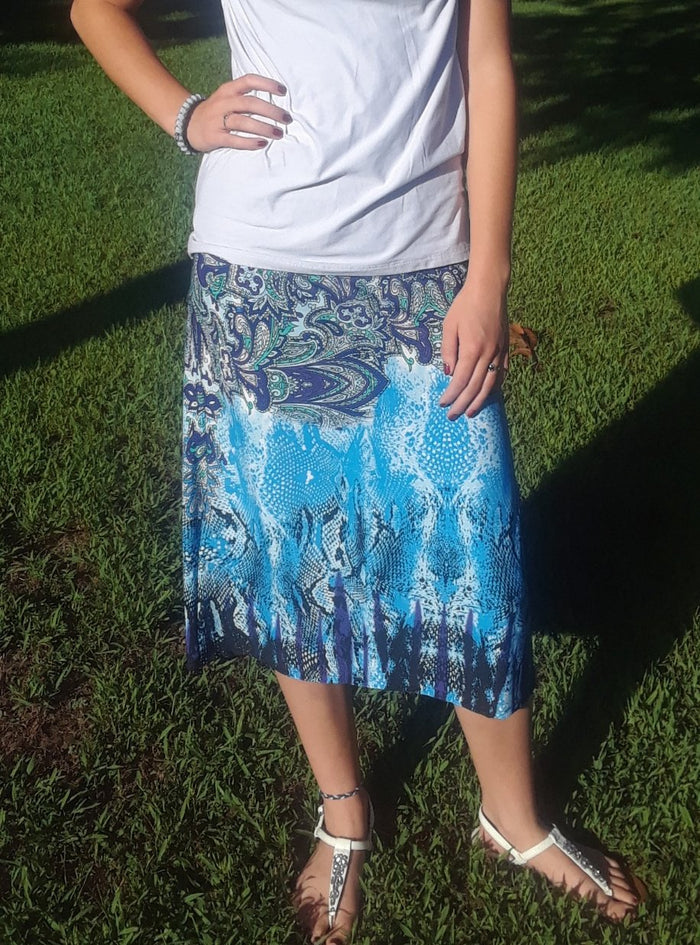 Print knee length Skirt -Blue paisley Snake
