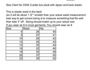 Pattern For Culottes Box Pleat  -Elastic back front band with zipper