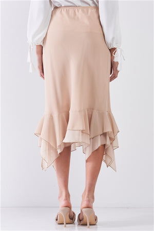 Beige Asymmetrical Flare Hem Midi Pencil Skirt