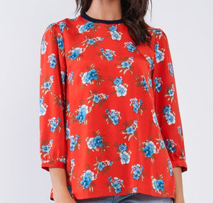 Cherry red Floral print 3/4 Sleeve Top