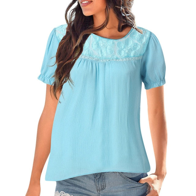 Solid Casual Short sleeve Lace Patchwork Peasant Tops