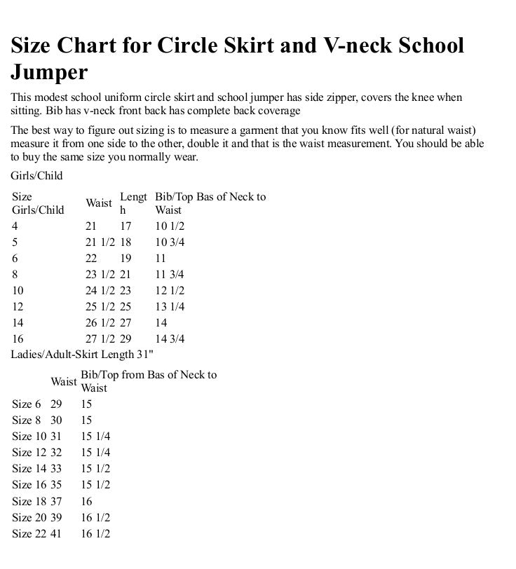 size chart for modest uniform jumperr