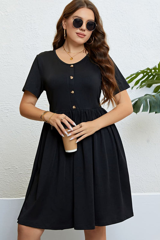 Plus Size Black Buttoned Short Sleeve Dress