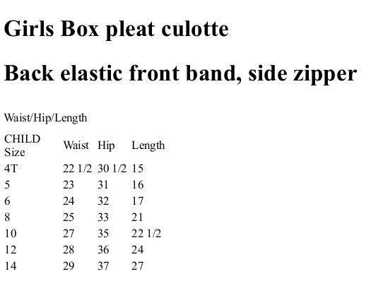 size chart-child box pleat culotte with zipper