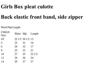 size chart-child box pleat culotte with zipper