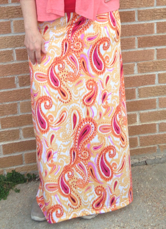 Yellow and red paisley print maxi skirt