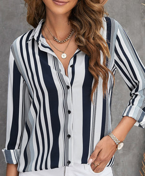 White and Navy Striped Button-Down Long Sleeve Shirt