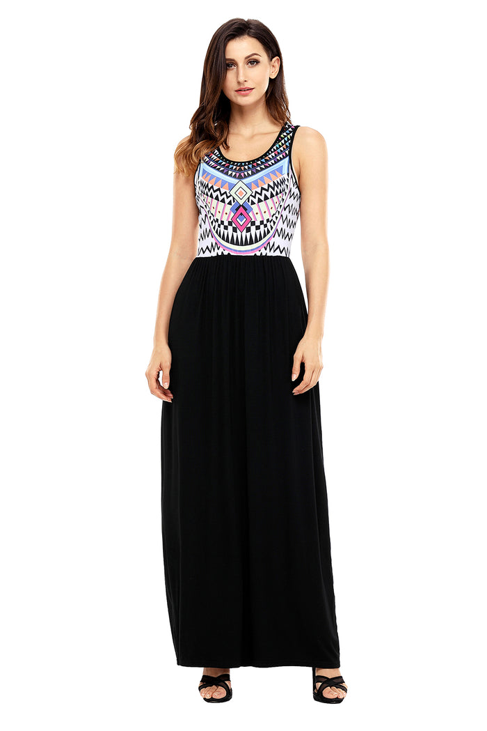Stylish Aztec Print Sleeveless Black Maxi Dress