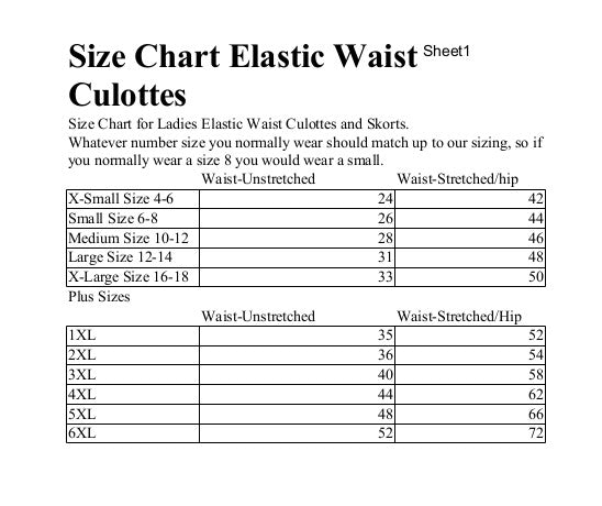 culotte skort size chart