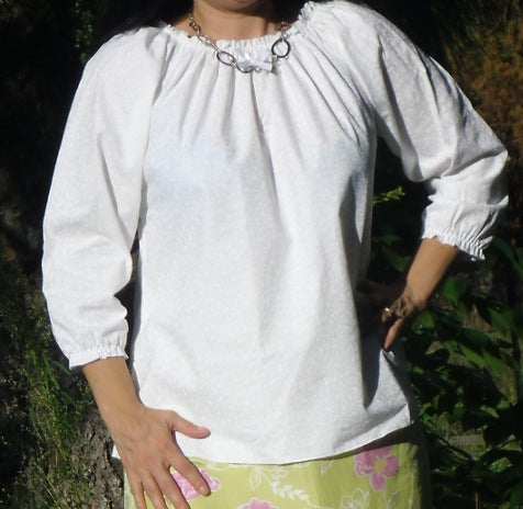 Modest white floral cotton Peasant Top Short Sleeve