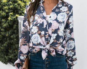 Floral Print Mock Neck Button Front Shirt