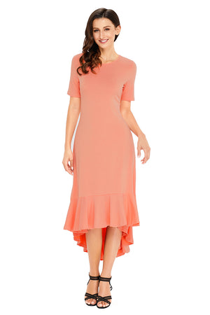 Coral Flowy Ruffles Short Sleeve Casual Dress-SMALL ONLY