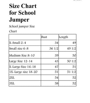 size chart adult school jumper